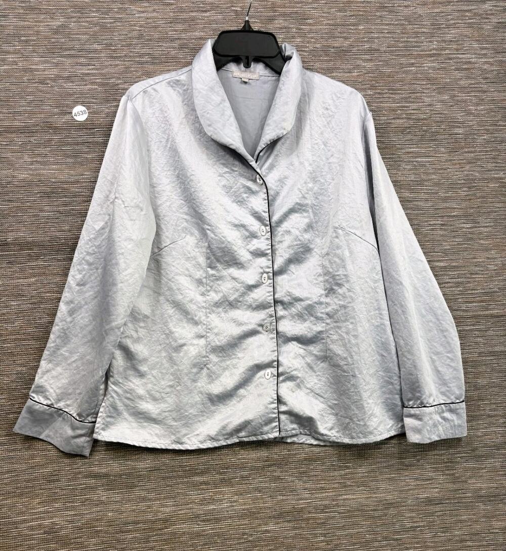 Barefoot Dreams Pajama Top Womens XS Silver Satin Piped Button Front Long Sleeve